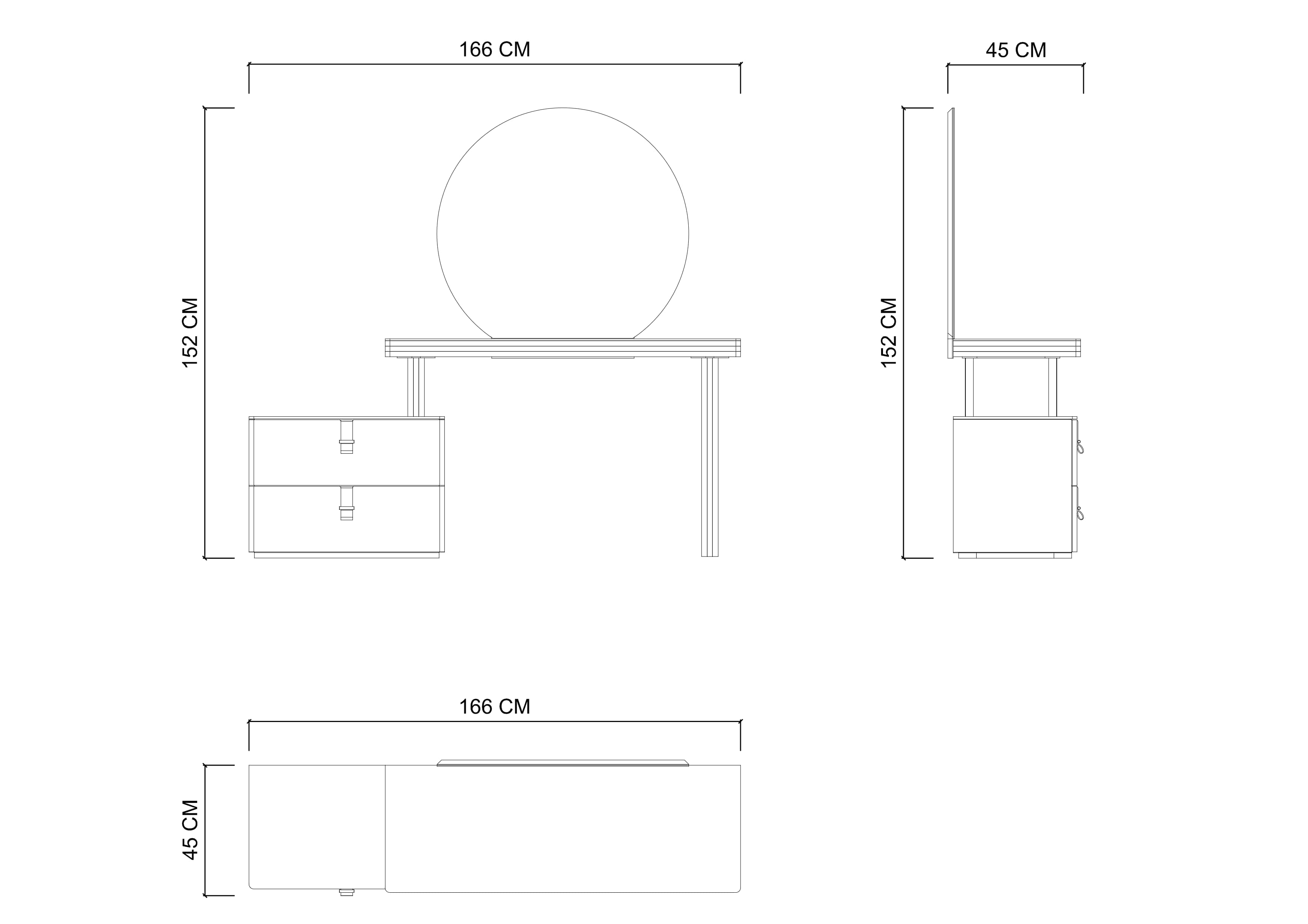 Стол туалетный LETRA 166см, с тумбой и зеркалом